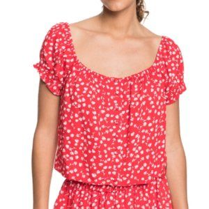 Roxy Lollipop Red Poesie Floral Midnight Magic Scoop Neck Crop Top, Size Medium